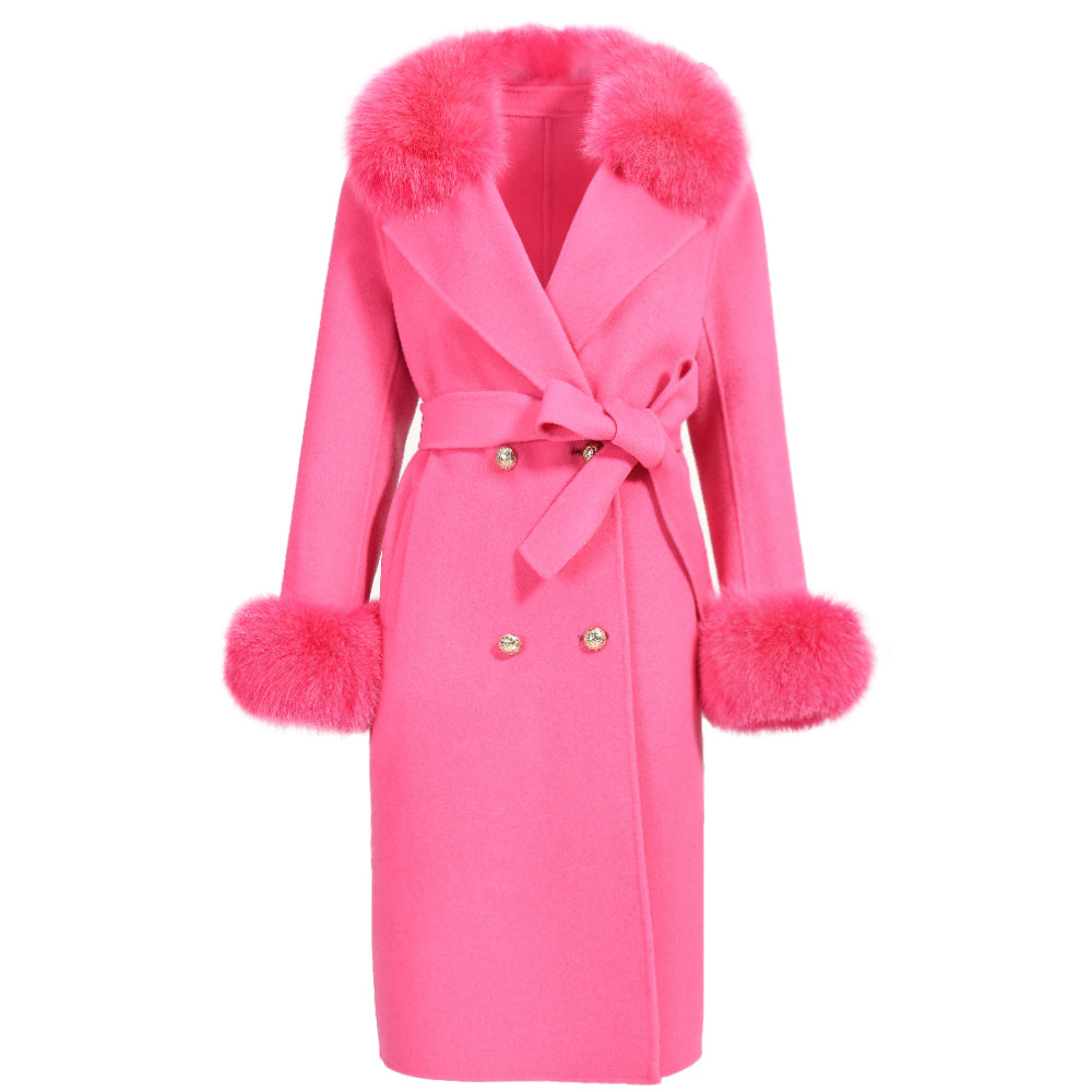 Jaxmonoy Slim Ladies Cashmere Coat Long Overcoat Real Fox Fur With Double-breasted