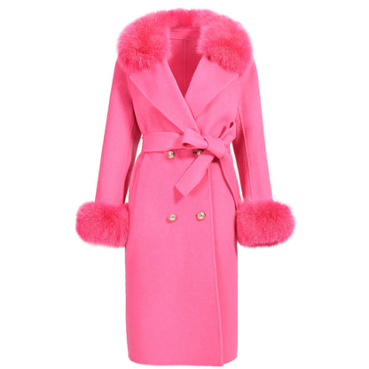 Jaxmonoy Slim Ladies Cashmere Coat Long Overcoat Real Fox Fur With Double-breasted