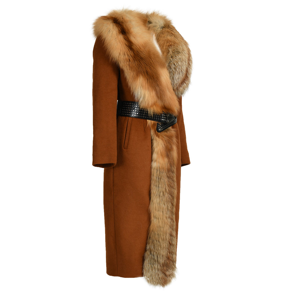 High Quality Belt Design Wool Coat With Real Big Fluffy Fox Fur Collar