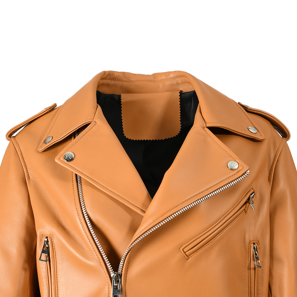 Spring Pure Color Genuine Leather Jackets With Belt And Zipper