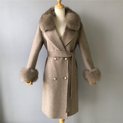 Jaxmonoy Slim Ladies Cashmere Coat Long Overcoat Real Fox Fur With Double-breasted