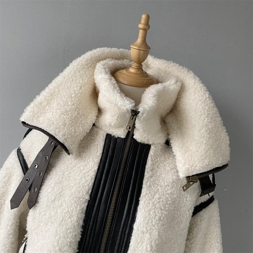 Thick Warm Genuine Sheepskin Shearling Jacket With Real Leather Belt Fashion Women Teddy Bear Shearling Sheep Coat