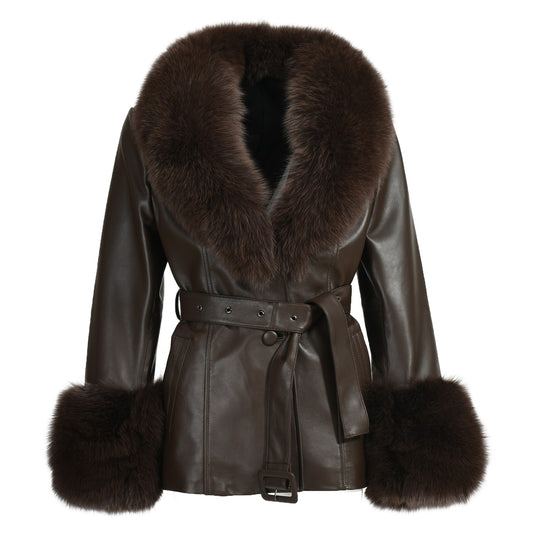 Regular Length Genuine Sheepskin Leather Coat With Real Fox Fur Collar And Cuffs Winter Women Leather Jacket Genuine