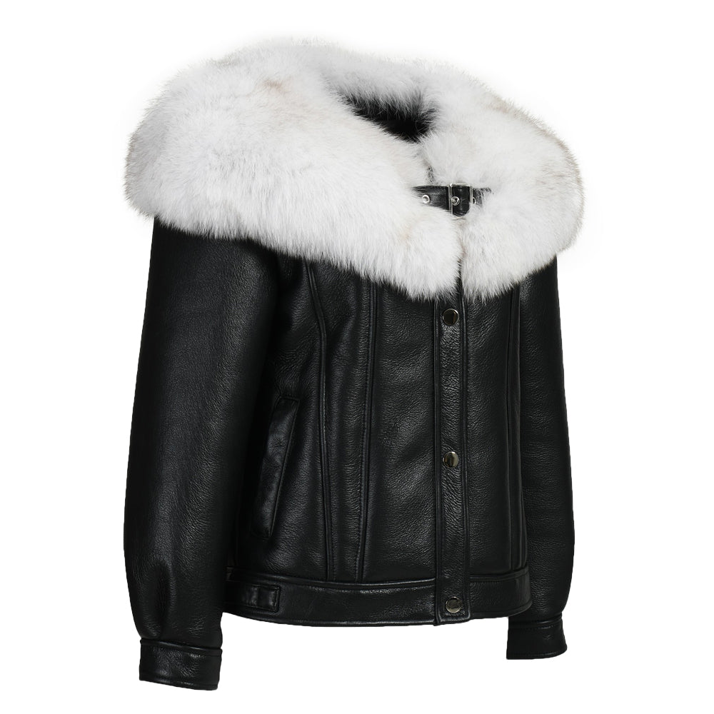 Luxury Fluffy Fox Fur Collar Regular Length Genuine Leather Shearling Jacket Women Custom