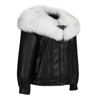 Luxury Fluffy Fox Fur Collar Regular Length Genuine Leather Shearling Jacket Women Custom