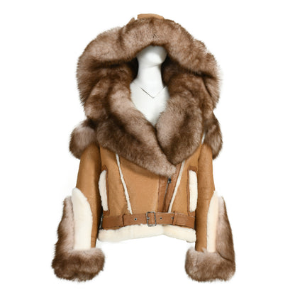 New Design Real Fox Fur Collar And Trim Genuine Leather Belt Fashion Women Leather Shearling Custom Coat