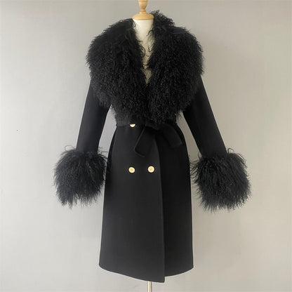 Winter Custom Long Wool Coat With Real Mongolian Fur Collar And Cuffs