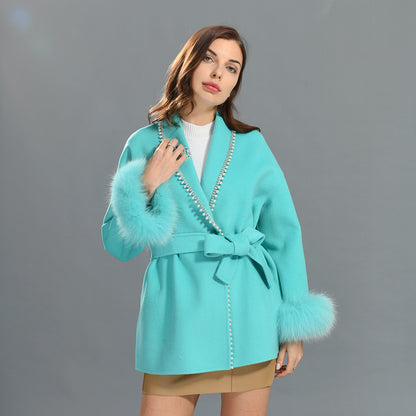 Cashmere Coat With Real Fox Fur Cuffs Winter Double Long Wool Coat