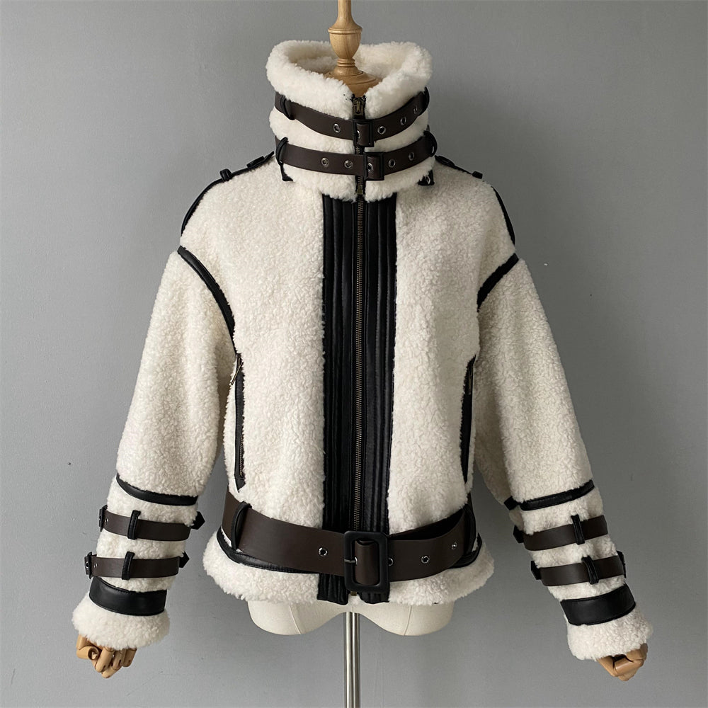 Thick Warm Genuine Sheepskin Shearling Jacket With Real Leather Belt Fashion Women Teddy Bear Shearling Sheep Coat