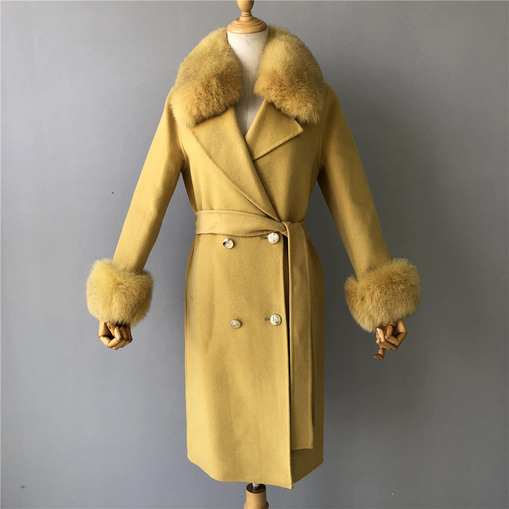 Jaxmonoy Slim Ladies Cashmere Coat Long Overcoat Real Fox Fur With Double-breasted