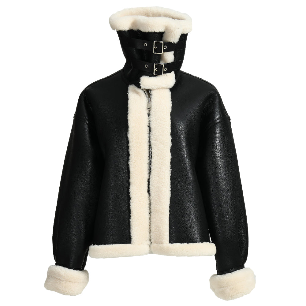 Zipper And Belt Design Genuine Shearling Jacket With Lamb Fur Wholesale Winter Women Shearling Coat