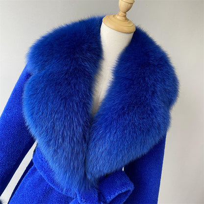 Winter Ladies Long Lamb Fur Fleece Jacket Custom Color Genuine Sheep Shearling Fox Fur Collar Teddy Bear Coat Women