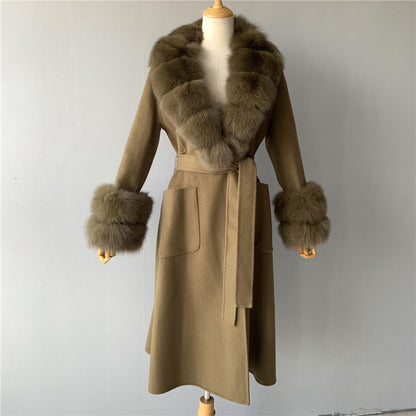 Jaxmonoy Women Cashmere Coat With Fur Collar And Cuffs