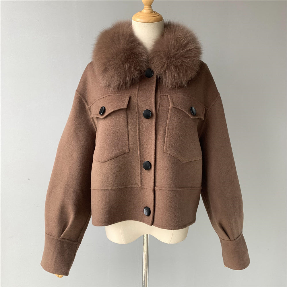 Jaxmonoy Women Cashmere Coat With Fur Collar Short Style