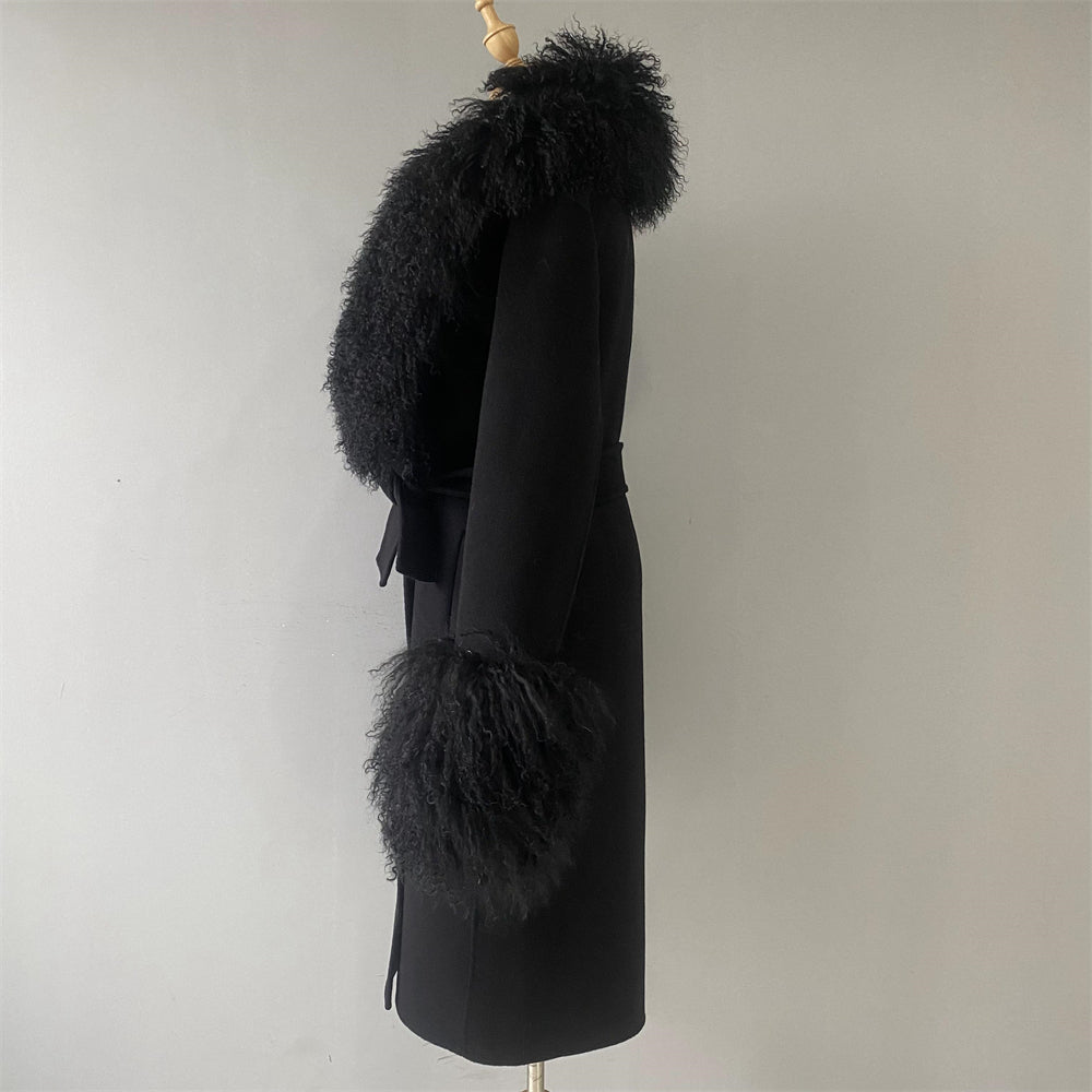 Winter Custom Long Wool Coat With Real Mongolian Fur Collar And Cuffs