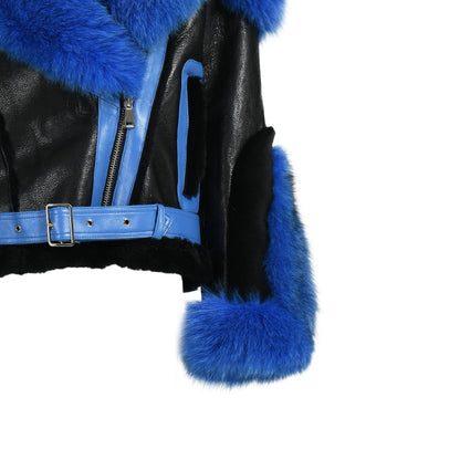 New Design Real Fox Fur Collar And Trim Genuine Leather Belt Fashion Women Leather Shearling Custom Coat