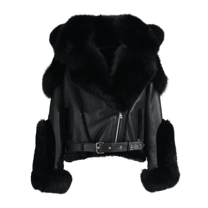 New Design Real Fox Fur Collar And Trim Genuine Leather Belt Fashion Women Leather Shearling Custom Coat