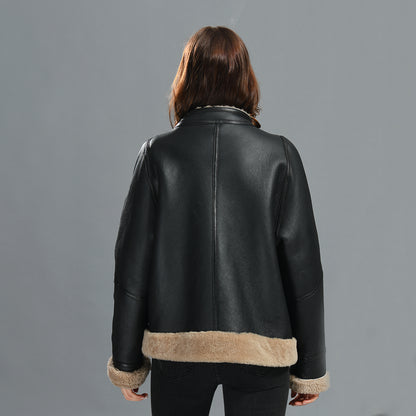 Winter Warm Crew Neck Leather Jacket With Lamb Fur  High Quality Sheepskin