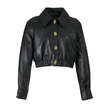 Cropped Turn-down Collar Real Sheepskin Leather Jacket For Women