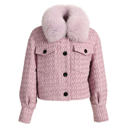 Jaxmonoy Women Cashmere Coat With Fur Collar Short Style