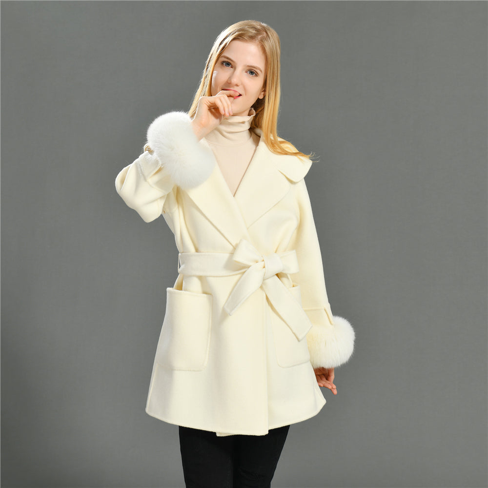 Jaxmonoy Women Cashmere Coat With Fur Cuffs