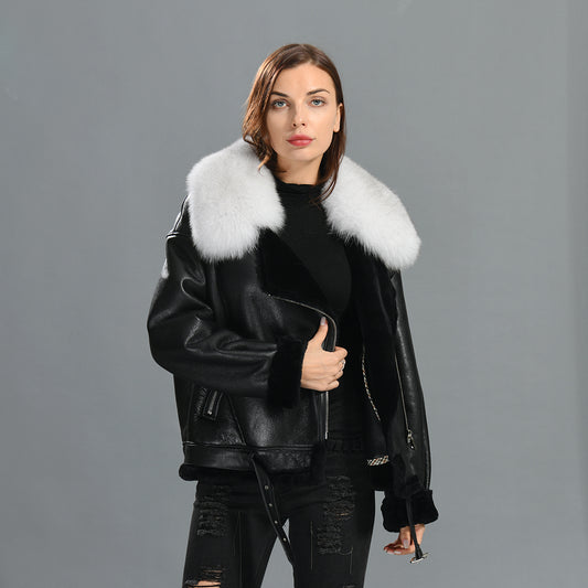 Shearling Coat With Real Fox Fur Collar Leather Jacket For Women