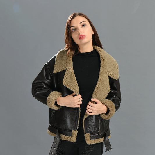 Winter Fashion Style Regular Length Shearling Jacket With FurTurn-down Collar Genuine Leather Shearling Jacket Women