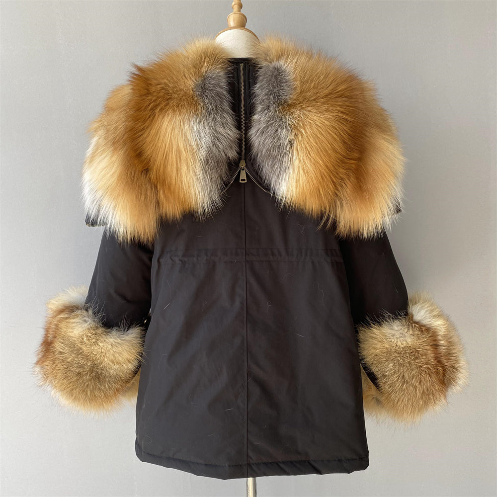 Women Casual Short Style Real Fox Fur Lining Detachable Denim Fur Jacket Fox Fur Parka