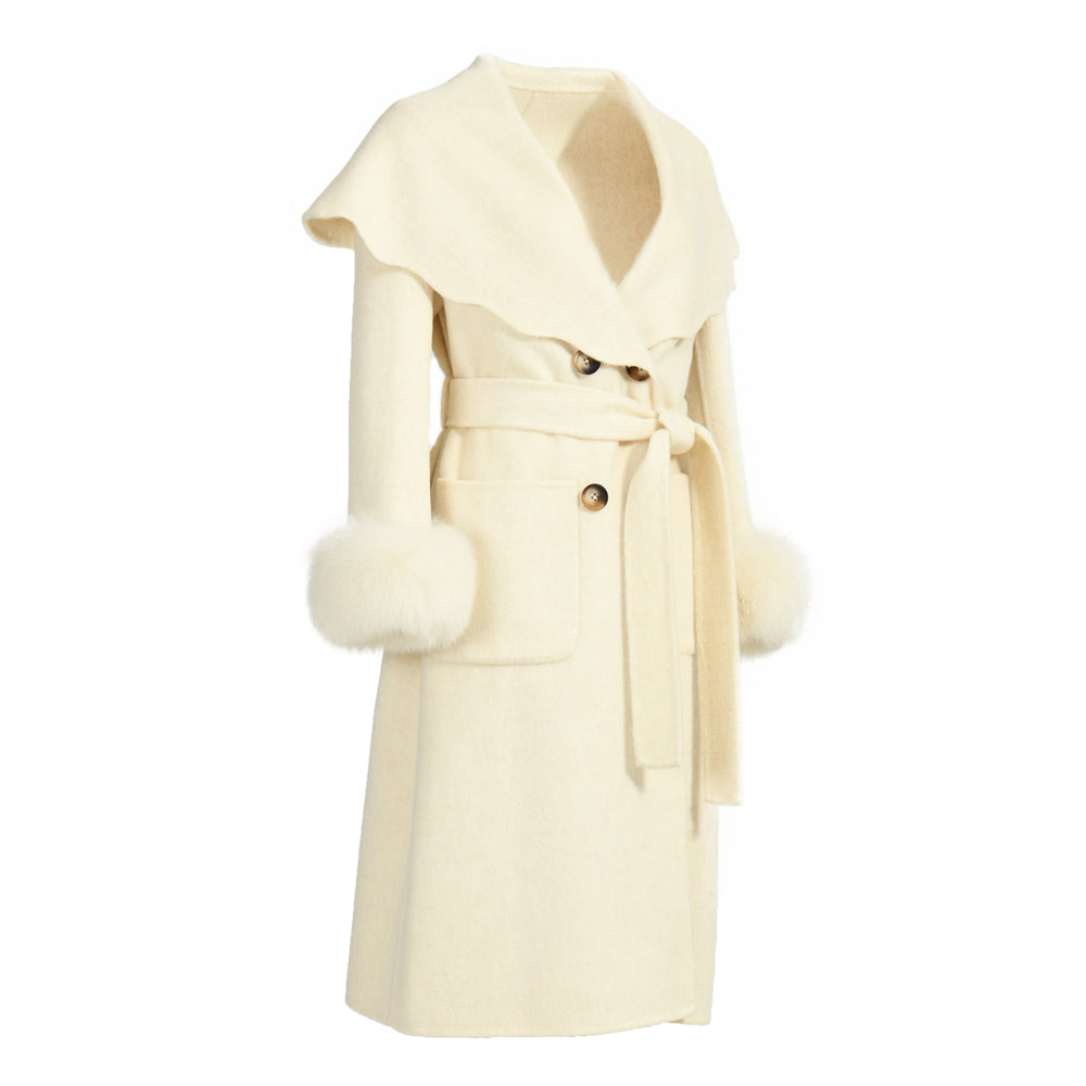 Double-sided Cashmere Wool Coat With Big Collar Removable Fox Fur Cuff