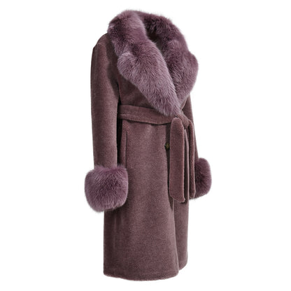 Winter Ladies Long Lamb Fur Fleece Jacket Custom Color Genuine Sheep Shearling Fox Fur Collar Teddy Bear Coat Women