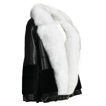 Winter Warm Thick Shearling Coat With Luxury Fox Fur Collar High Quality Genuine Leather Shearling Jacket Women Custom