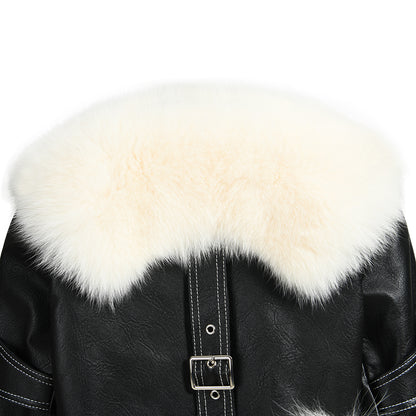 Streetwear Love Heart Shape Fox Fur Design Best Fashion Black Leather Jacket Womens