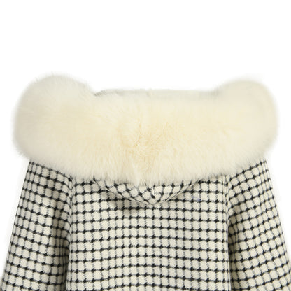 Regular Length Hooded Plaid Cashmere Coat With Real Fox Fur