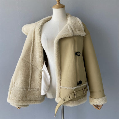 Warm Shearling Coat With Real Sheep Fur Belt Design Winter Women Genuine Shearling Jacket