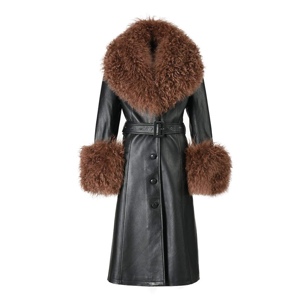 Genuine Sheepskin Leather Coat With Real Sheep Fur Collar And Cuffs