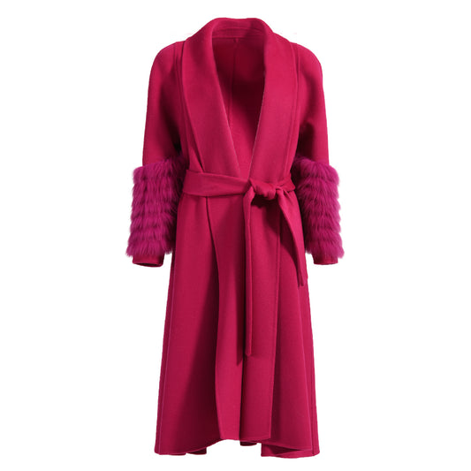 Colorful Long Cashmere Coat With Real Fox Fur for winter