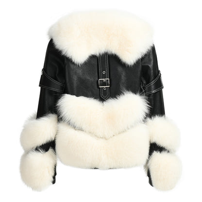 Streetwear Love Heart Shape Fox Fur Design Best Fashion Black Leather Jacket Womens