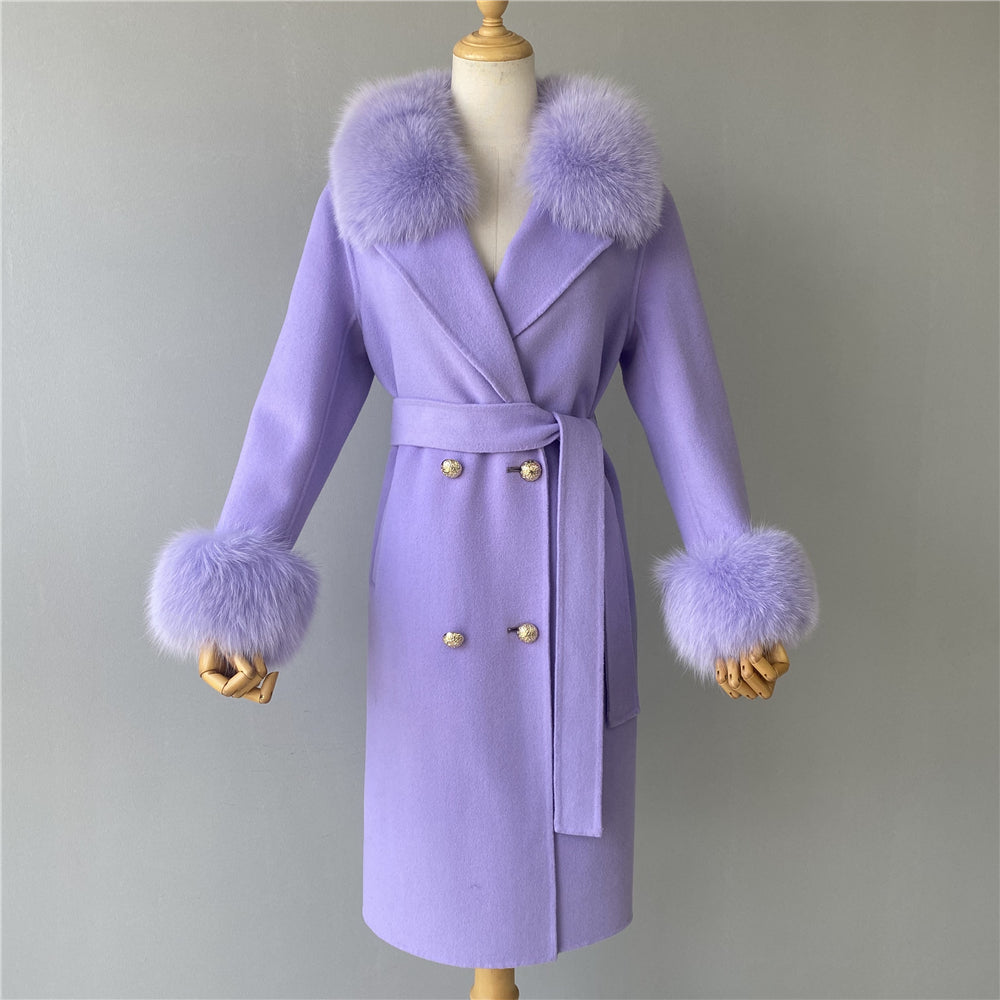 Jaxmonoy Slim Ladies Cashmere Coat Long Overcoat Real Fox Fur With Double-breasted