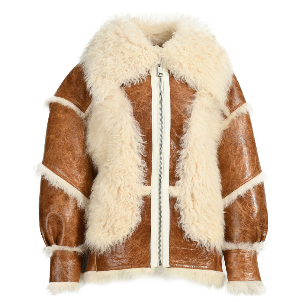 Cropped Sheepskin Leather Jacket With Real Sheep Fur Women