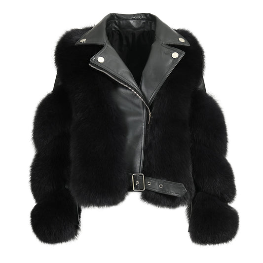 Turn-down Collar Real Fox Fur Zipper Belt Design Custom Genuine Leather Jacket Women