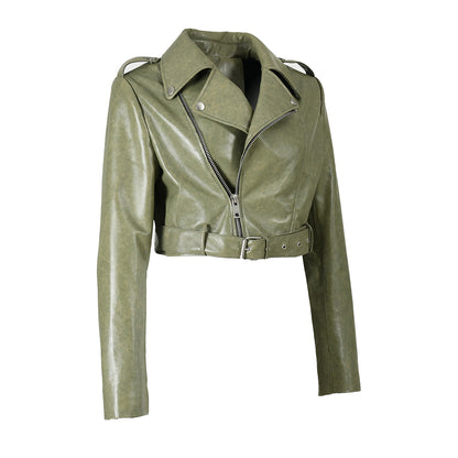 Cropped Leather Jacket With Belt Genuine Sheepskin Leather Jacket