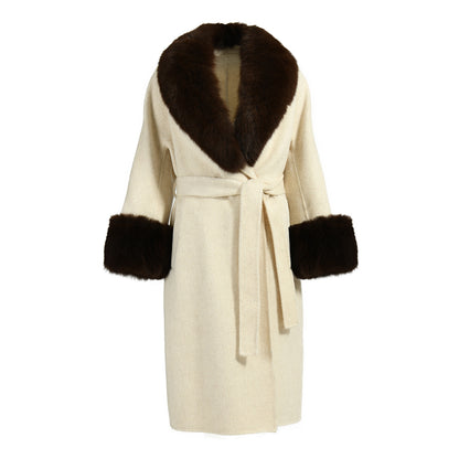 Winter Wholesale Custom High Quality Belt Design Cashmere Coat With Real Fox Fur Women Double-sided Wool Long Coat