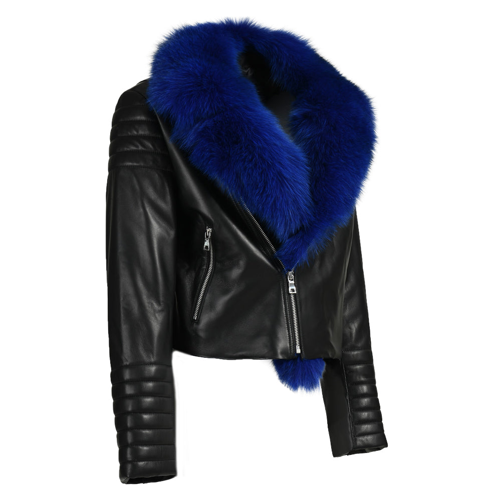 Fashion Short Style Real Leather Jacket With Real Fox Fur Collar Women