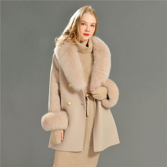 Jaxmonoy Elegant Women Regular Style Cashmere Coat With Real Fox Fur Collar And Cuffs