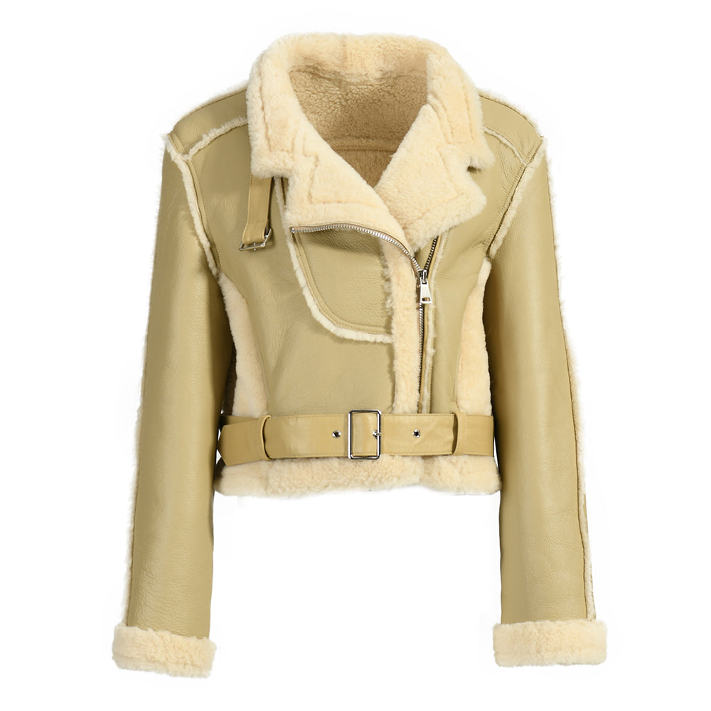 Turn-down Collar Belt Design Genuine Shearling Jacket With Sheep Fur Lining Winter Women Real Shearling Jacket