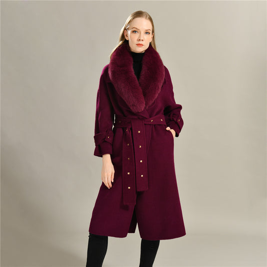 Jaxmonoy Cashmere Coat With Real Fur Collar And Rivet On The Belt