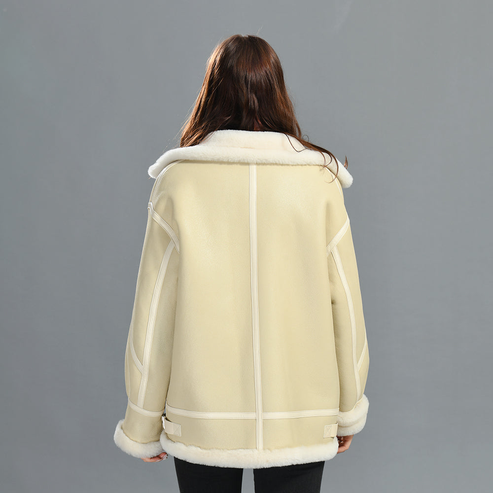 Turn-down V-neck Warm Thick Shearling Jacket With Fur Winter Women Genuine Shearling Coat