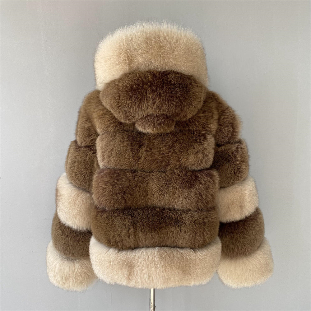 Mixed Color Real Fluffy Fox Fur Coat With Hood Design Wholesale Popular Winter Clothes For Women