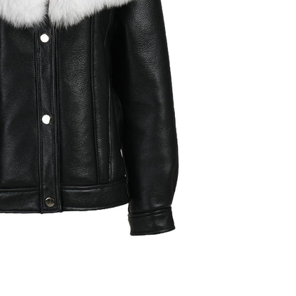 Luxury Fluffy Fox Fur Collar Regular Length Genuine Leather Shearling Jacket Women Custom