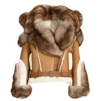 New Design Real Fox Fur Collar And Trim Genuine Leather Belt Fashion Women Leather Shearling Custom Coat